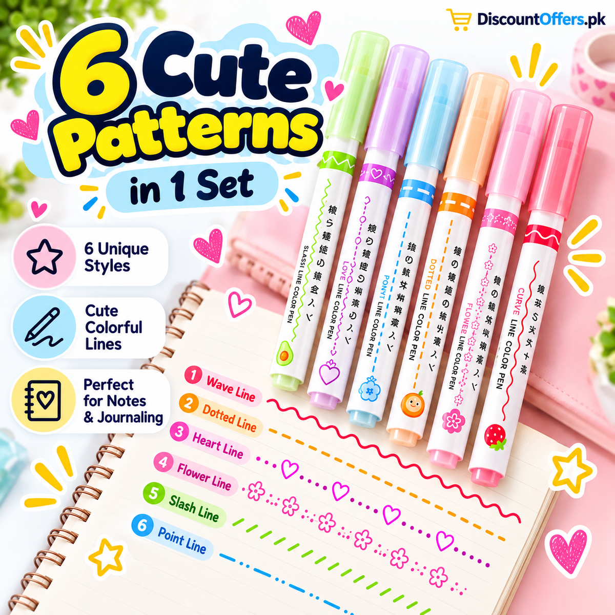 6-Piece Curve Line Highlighter Pen Set