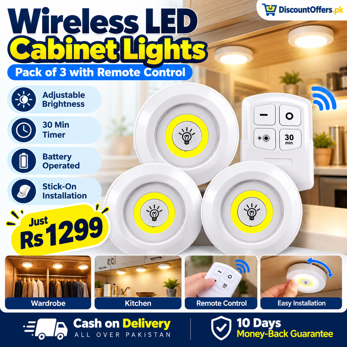Pack of 3 Wireless LED Cabinet Lights with Remote