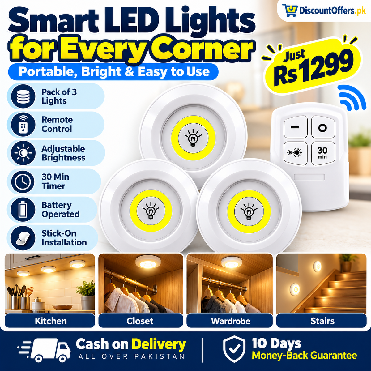 Pack of 3 Wireless LED Cabinet Lights with Remote