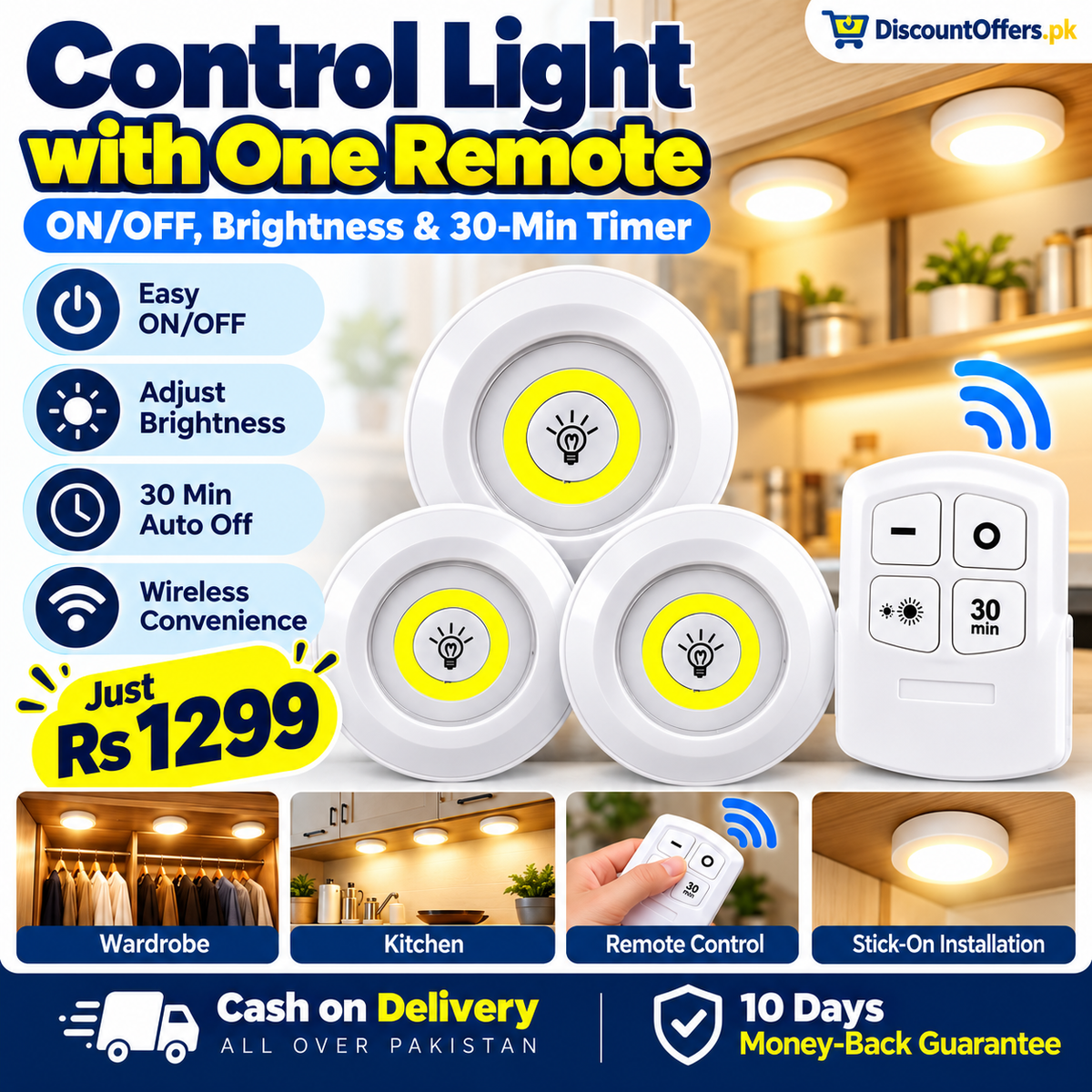 Pack of 3 Wireless LED Cabinet Lights with Remote