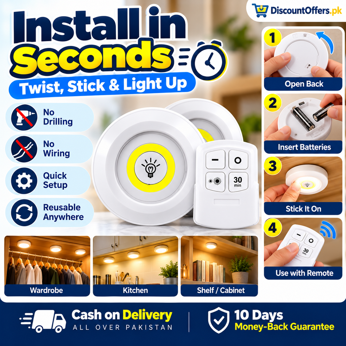 Pack of 3 Wireless LED Cabinet Lights with Remote