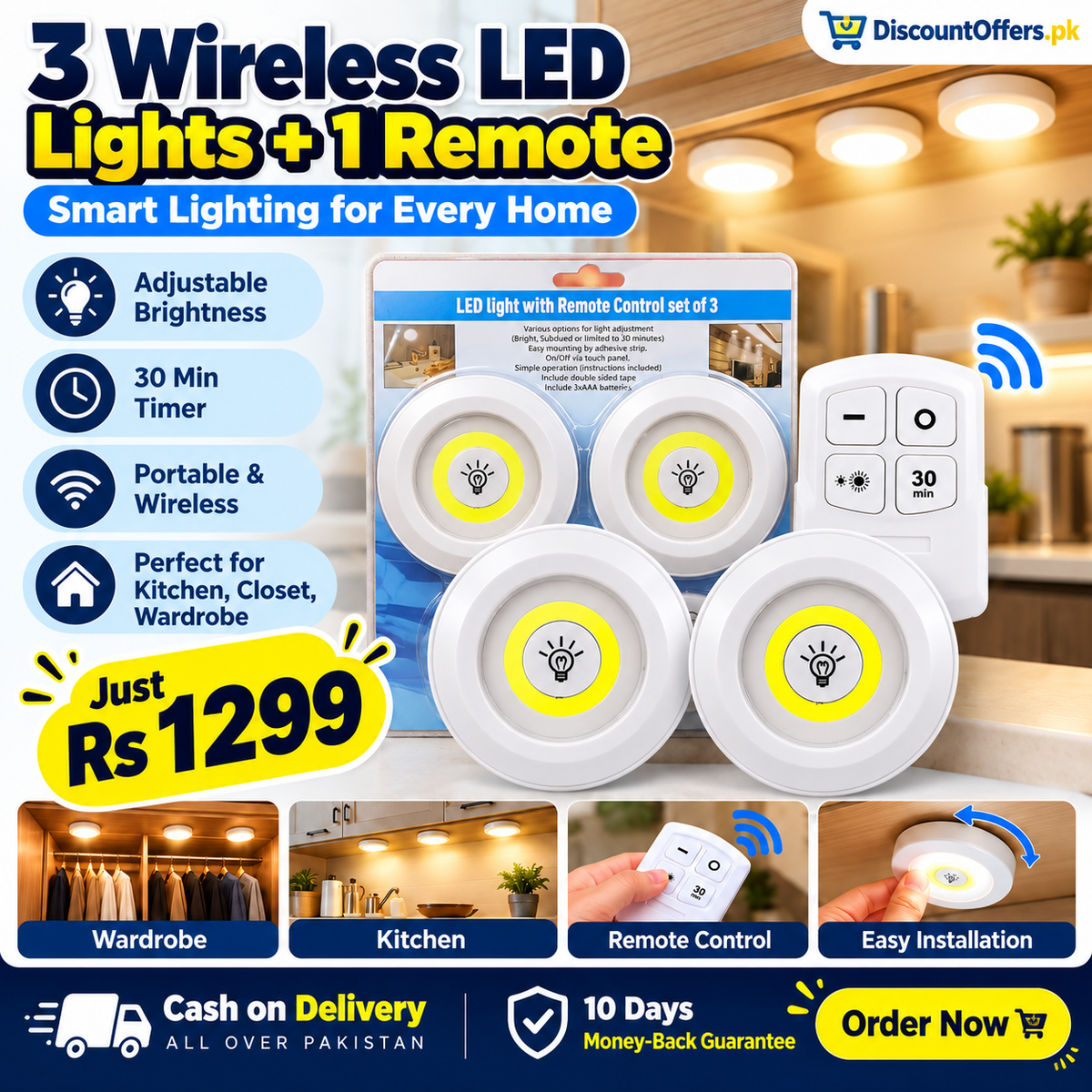 Pack of 3 Wireless LED Cabinet Lights with Remote