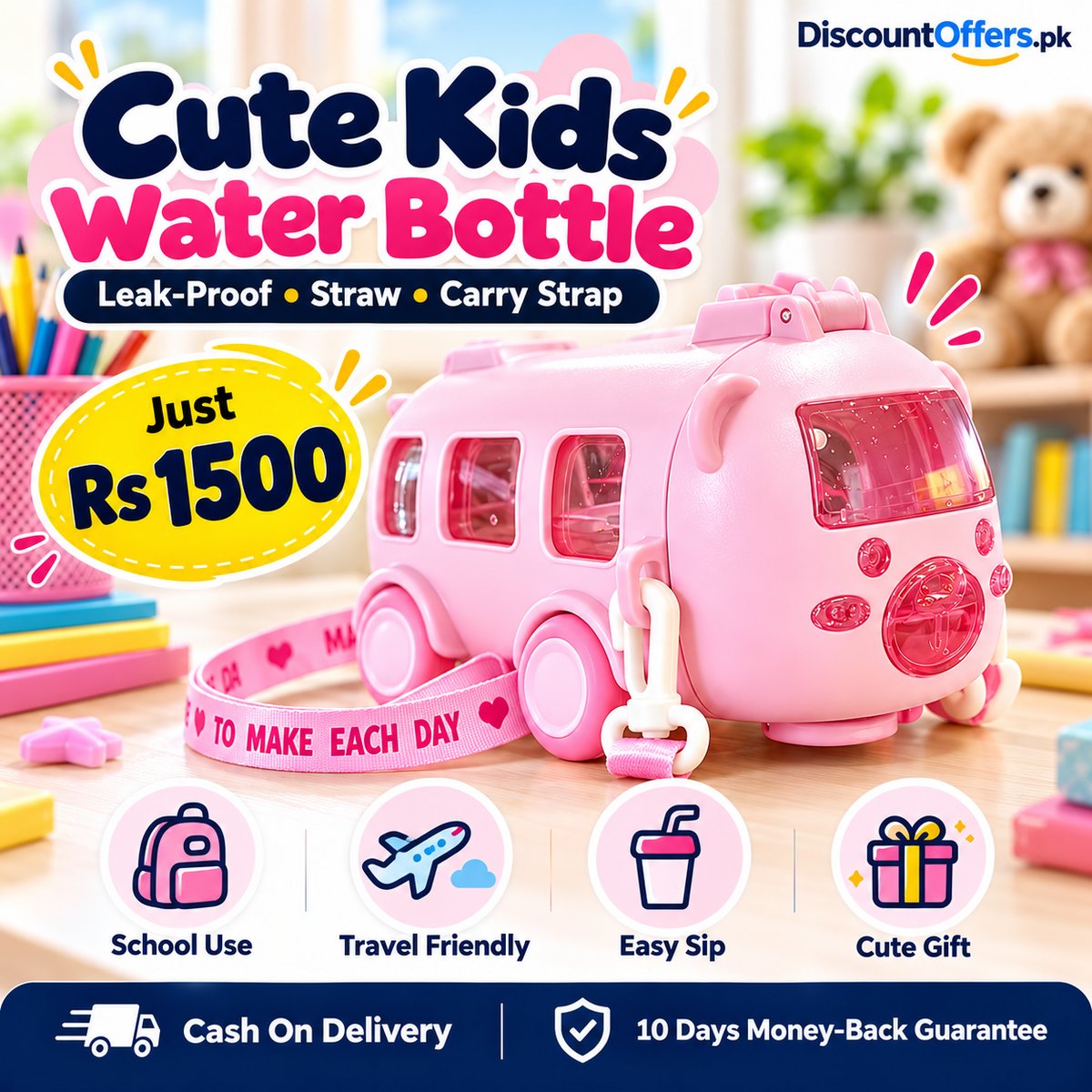 Bus Shaped Water Bottle For Kids Leak proof Water Bottle with Straw & Strap