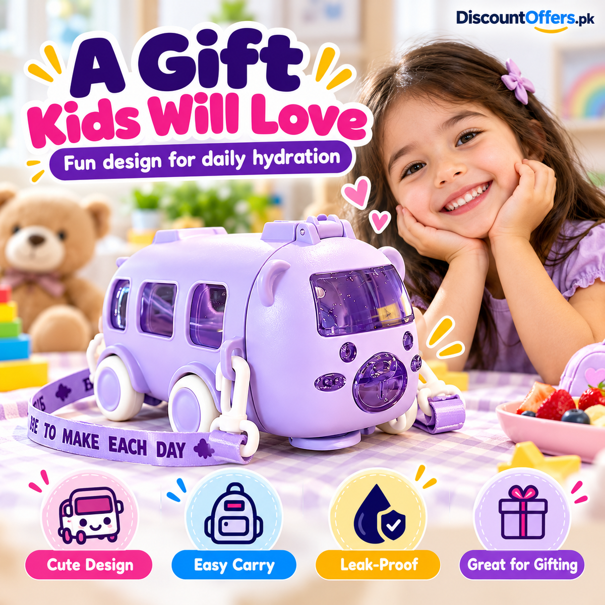 Bus Shaped Water Bottle For Kids Leak proof Water Bottle with Straw & Strap