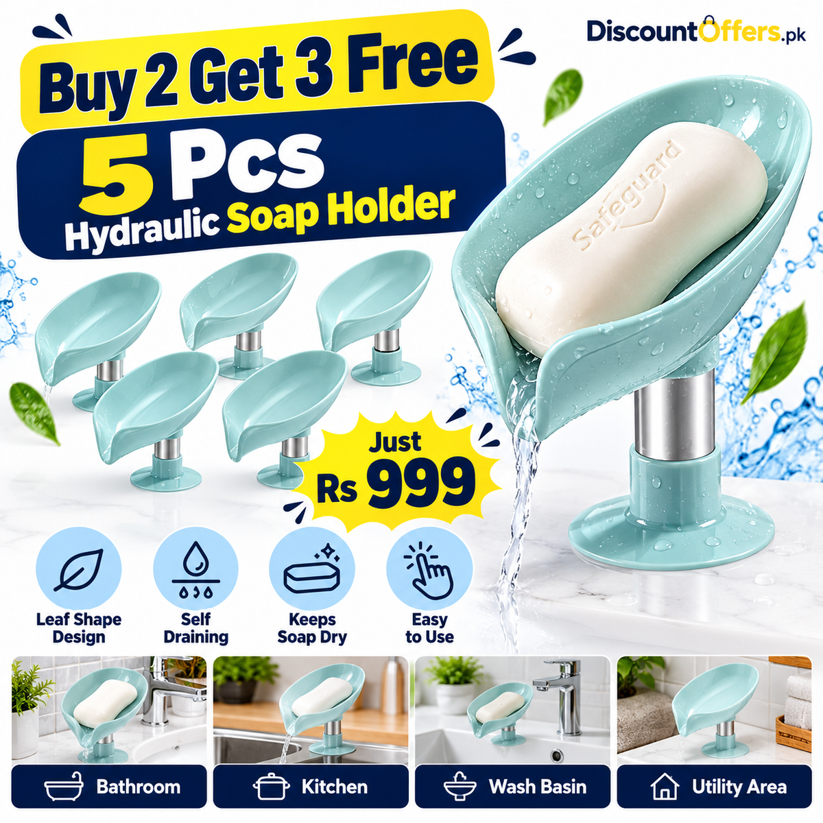 Buy 2 Get 3 Free (5 Pcs) Hydraulic Soap Holder Dish in Leaf Shape for Liquid Draining