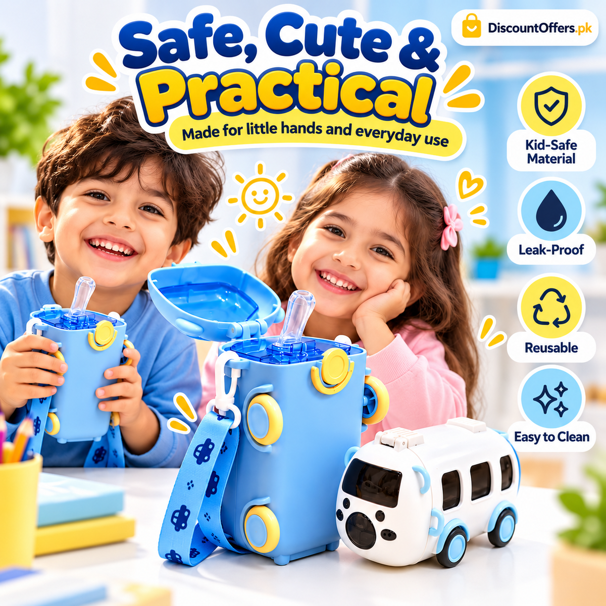 Bus Shaped Water Bottle For Kids Leak proof Water Bottle with Straw & Strap