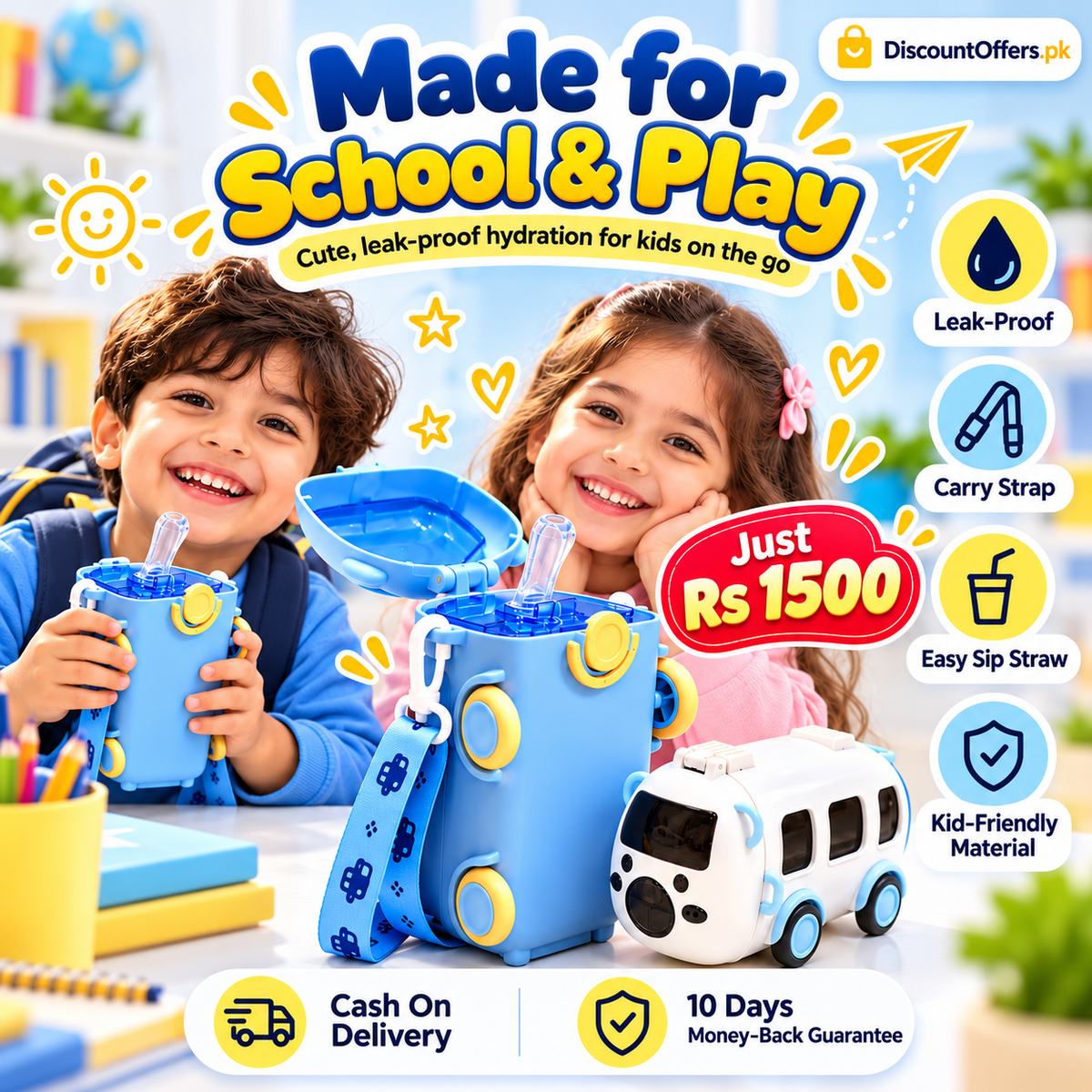 Bus Shaped Water Bottle For Kids Leak proof Water Bottle with Straw & Strap