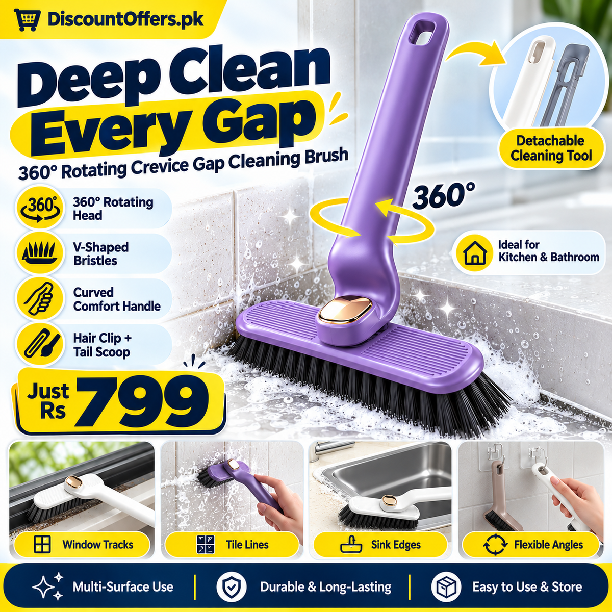 360° Rotating Crevice Gap Cleaning Brush with Cleaning Tool