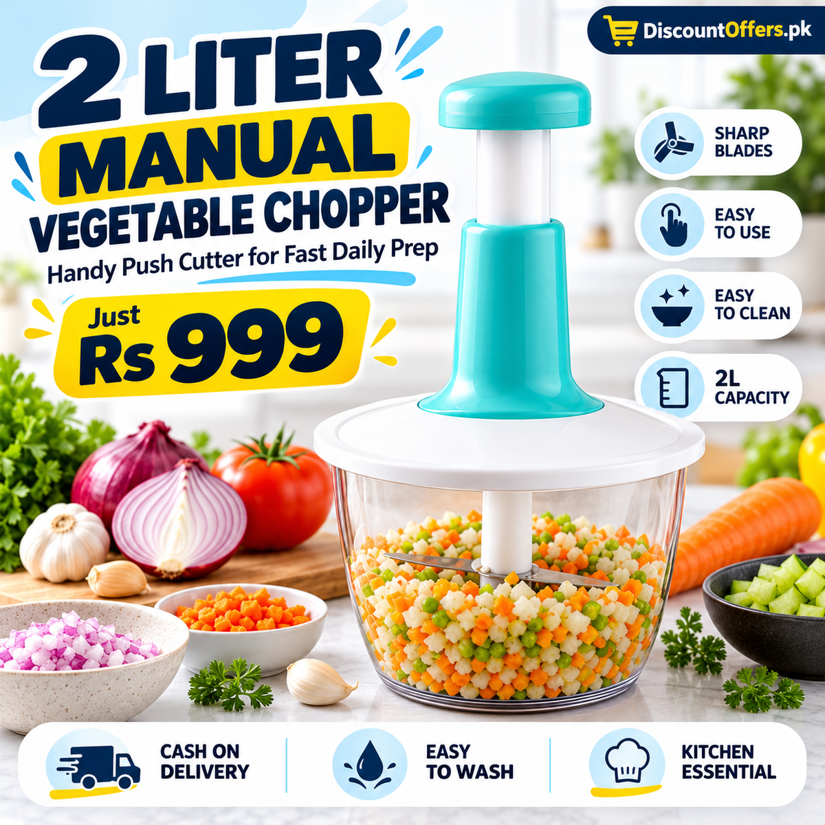 Handy Manual Vegetable Chopper 2L Chop, Slice, Grate and Mix with Ease