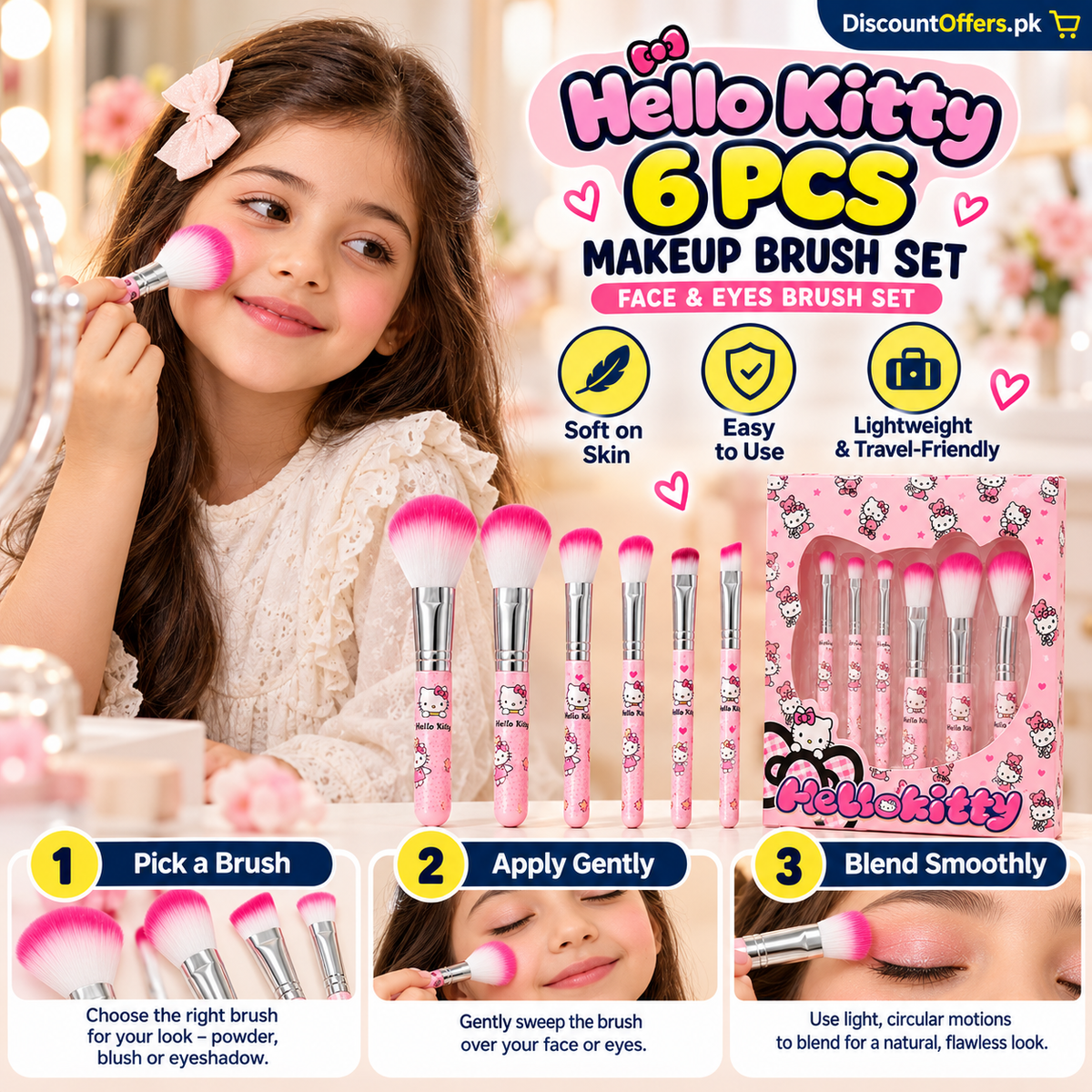 Hello Kitty 6 PCS Makeup Brush Set – Soft and Fluffy Beauty Brushes