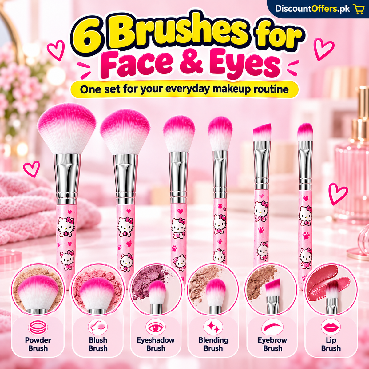 Hello Kitty 6 PCS Makeup Brush Set – Soft and Fluffy Beauty Brushes