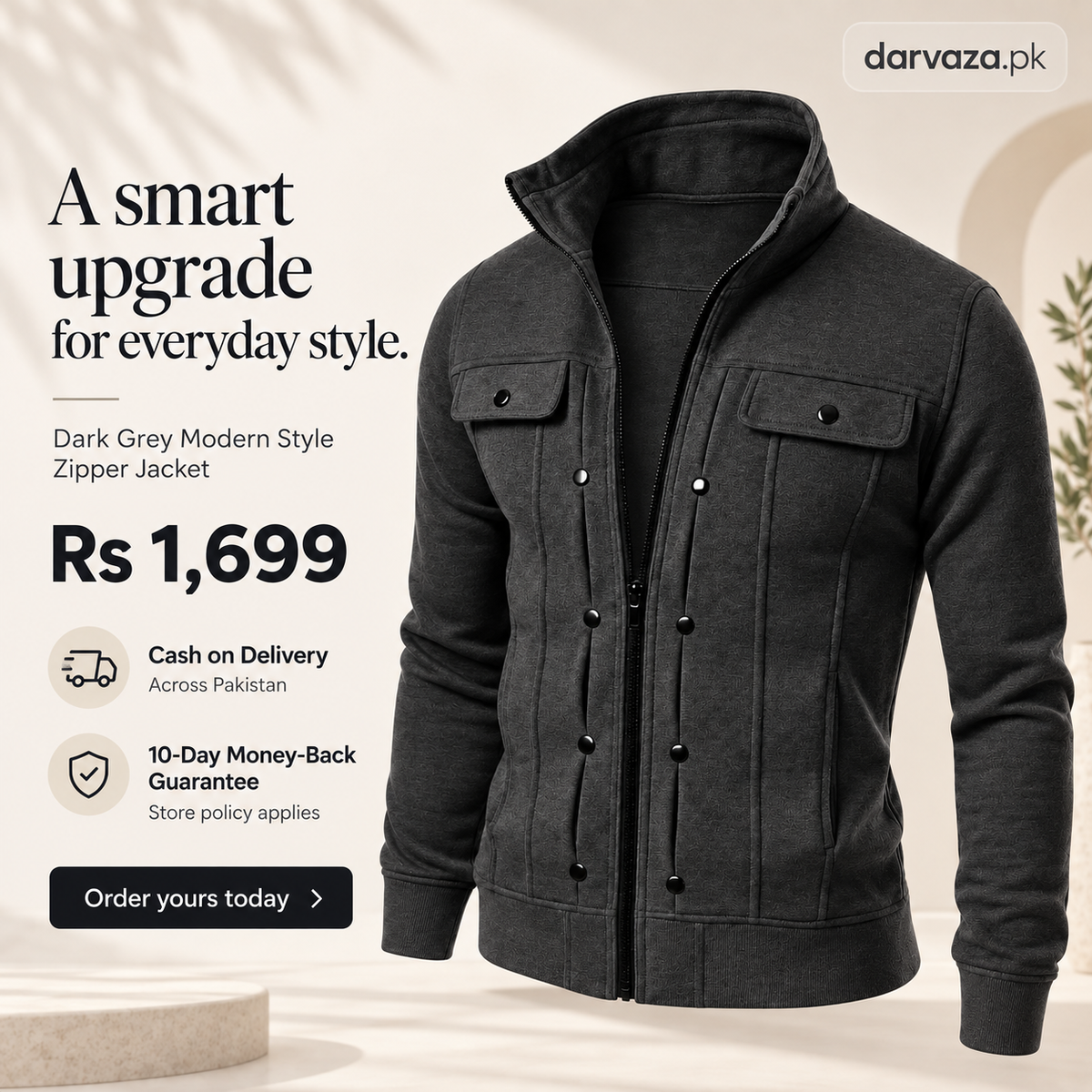 Dark Charcoal Modern Style Zipper Jacket For Men
