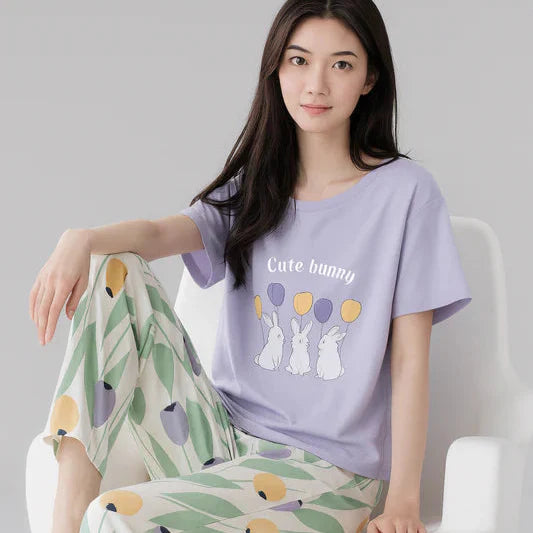 Lilac Bunny Printed Half Sleeves Night Suit