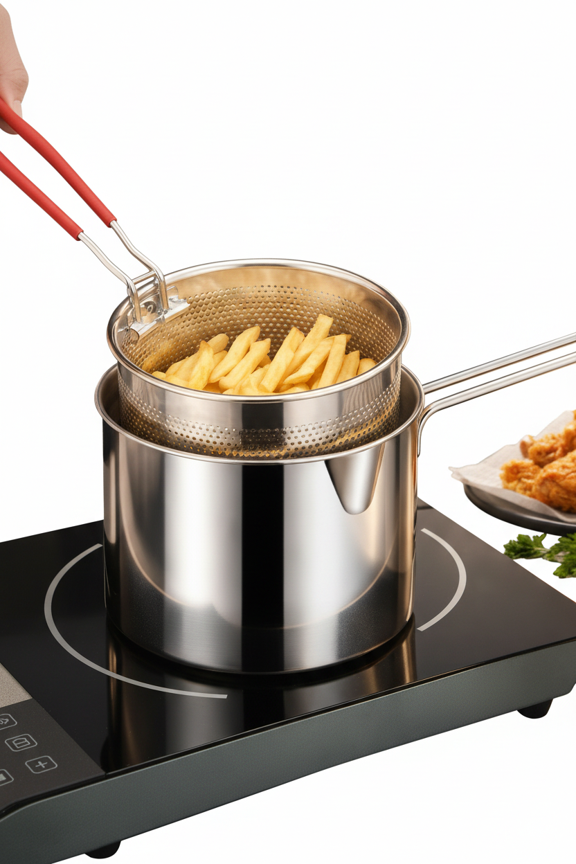 Multi Functional Stainless Steel Rust Resistant 1200ML Deep Fryer Pot with Strainer Basket and Long Handle Kitchen Oil Frying Pot Kettle for Home Use