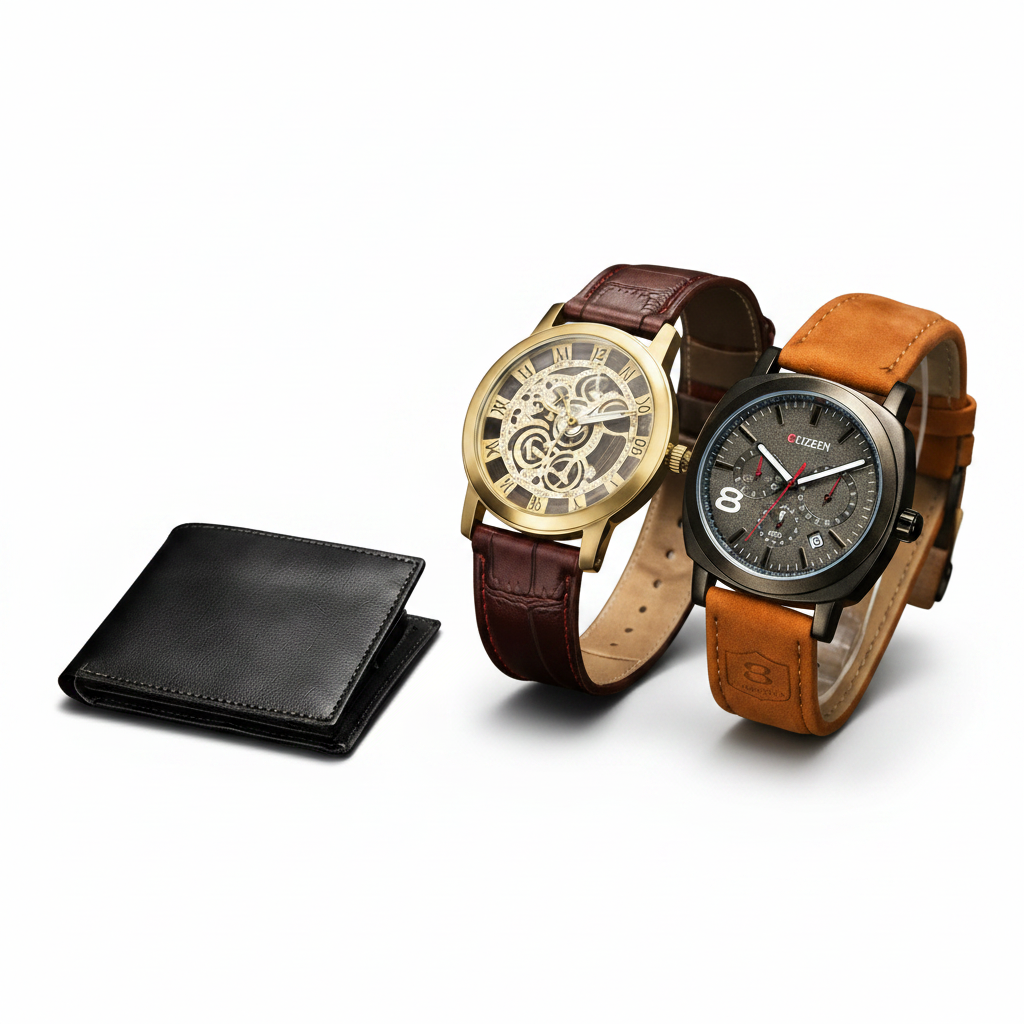 Buy 1 Get 2 Free Deal 2 Imported Leather Strap Wrist Watches & Original Leather Wallets For Men