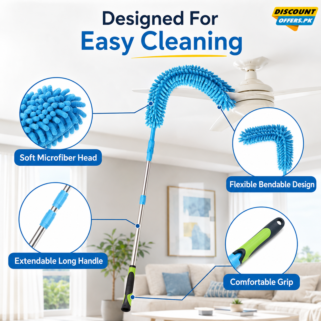 Extendable Micro Fiber Flexible Fan & Ceiling Duster with Long Handle