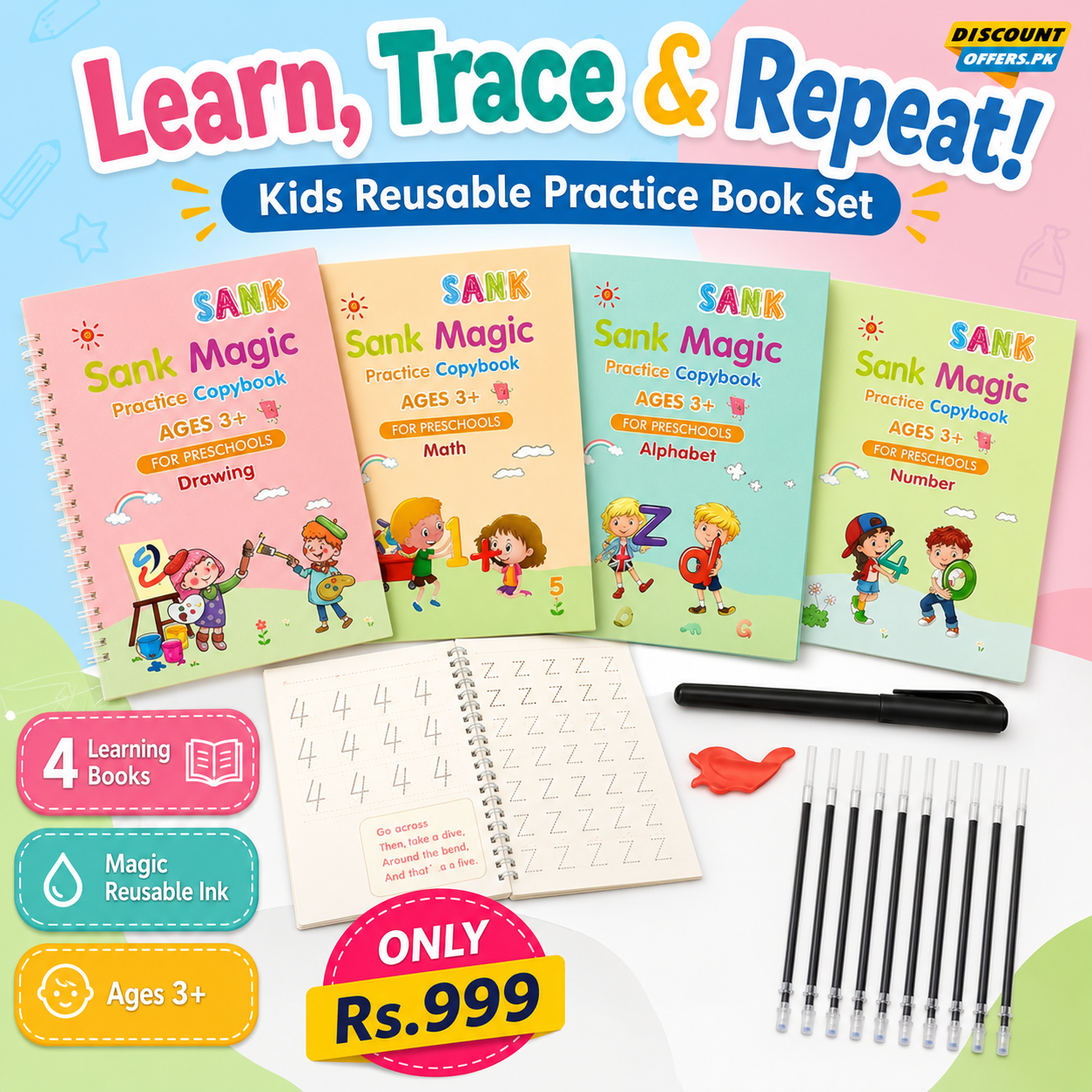 Kids Reusable Practice Book (4 Books + 1 Pen + 1 Grip & 10 Refills) Rs 999
