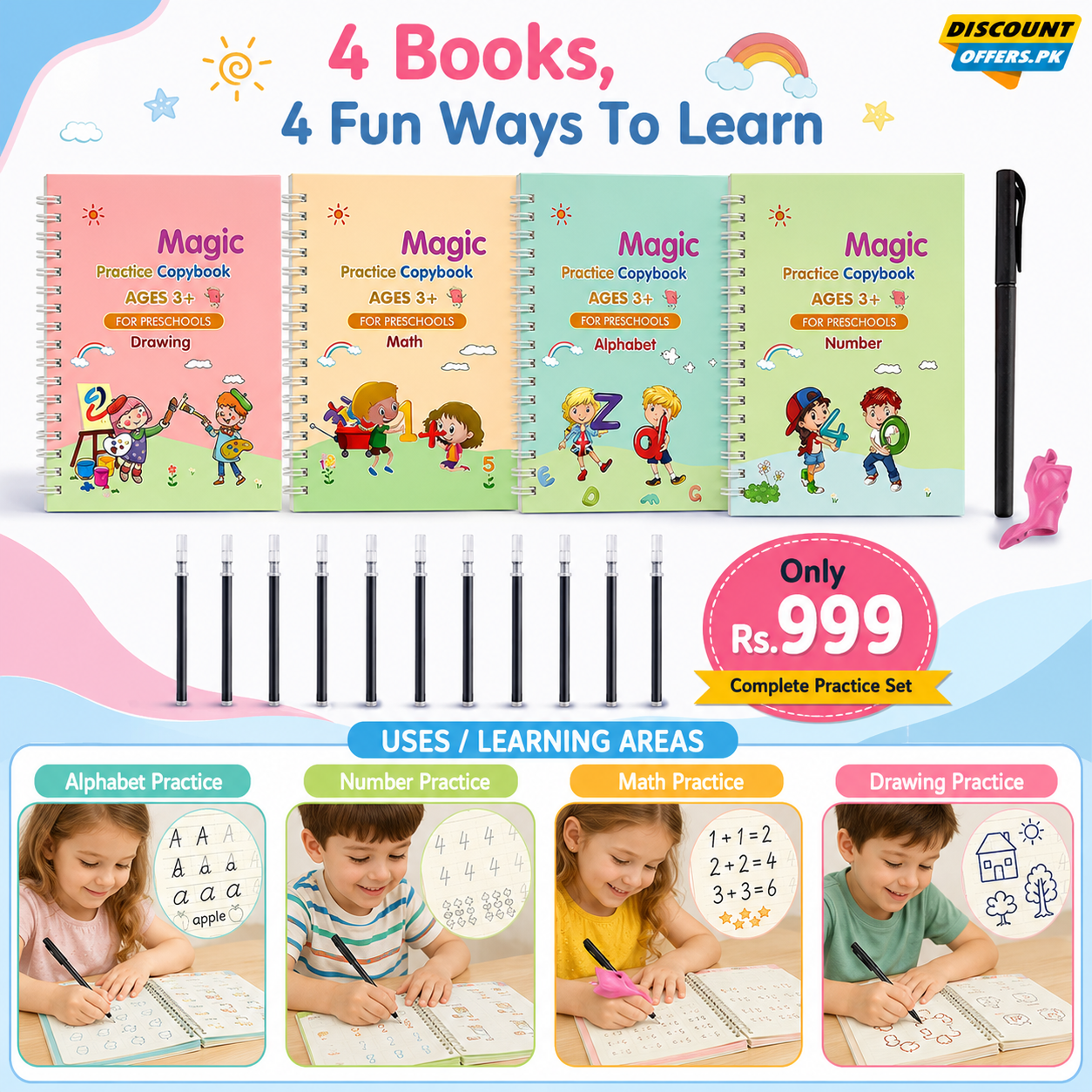 Kids Reusable Practice Book (4 Books + 1 Pen + 1 Grip & 10 Refills) Rs 999