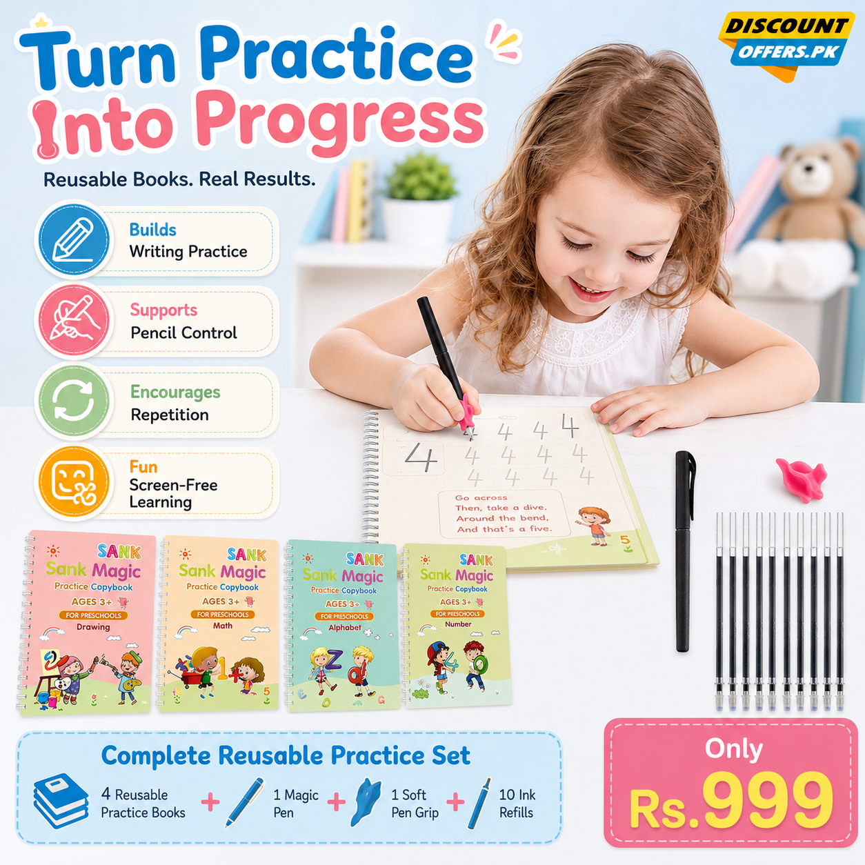 Kids Reusable Practice Book (4 Books + 1 Pen + 1 Grip & 10 Refills) Rs 999