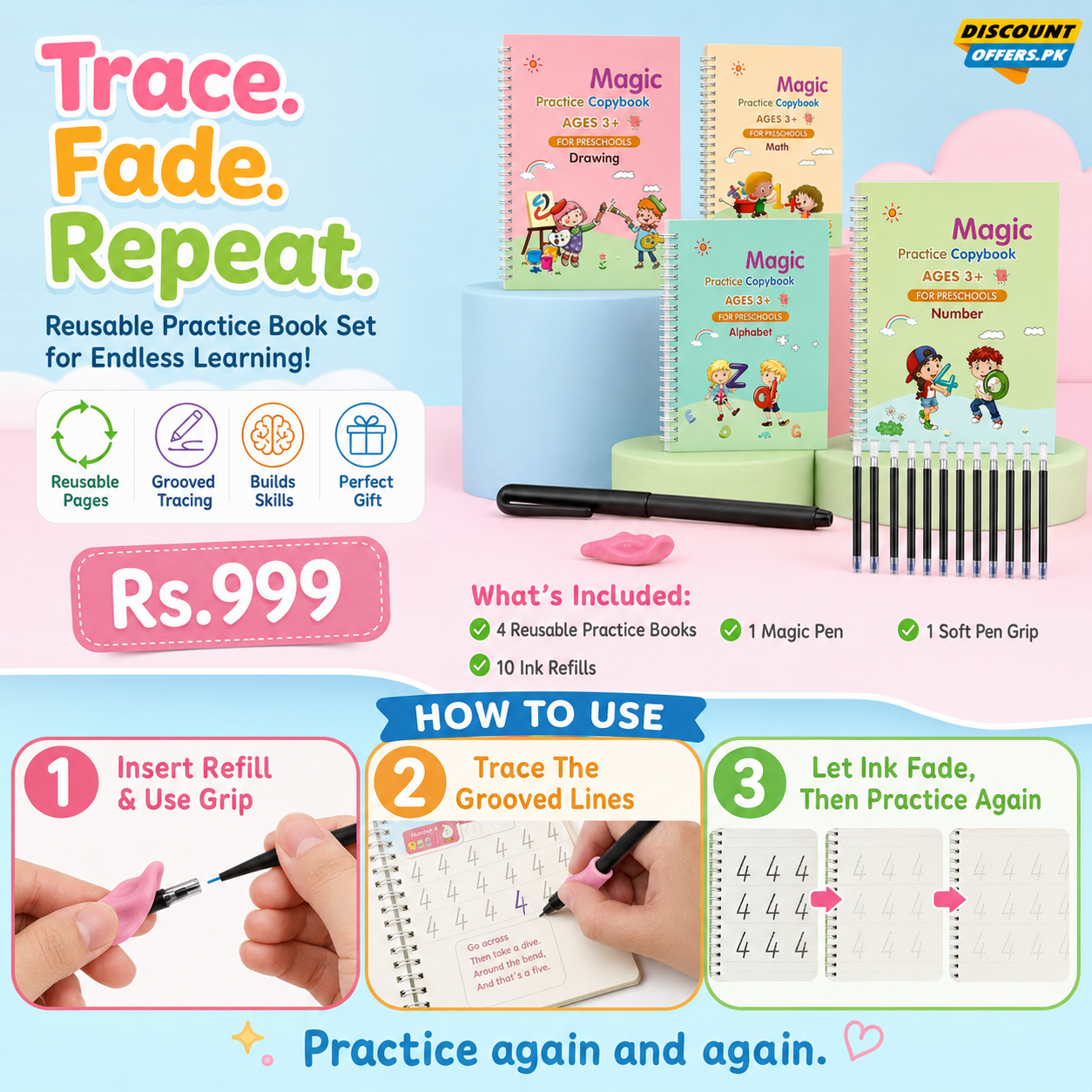 Kids Reusable Practice Book (4 Books + 1 Pen + 1 Grip & 10 Refills) Rs 999