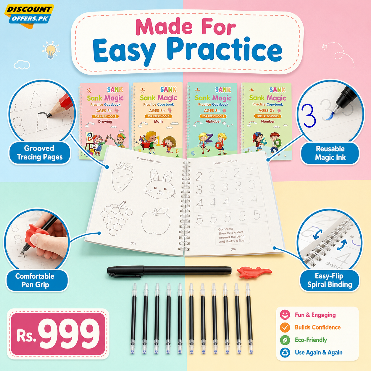 Kids Reusable Practice Book (4 Books + 1 Pen + 1 Grip & 10 Refills) Rs 999