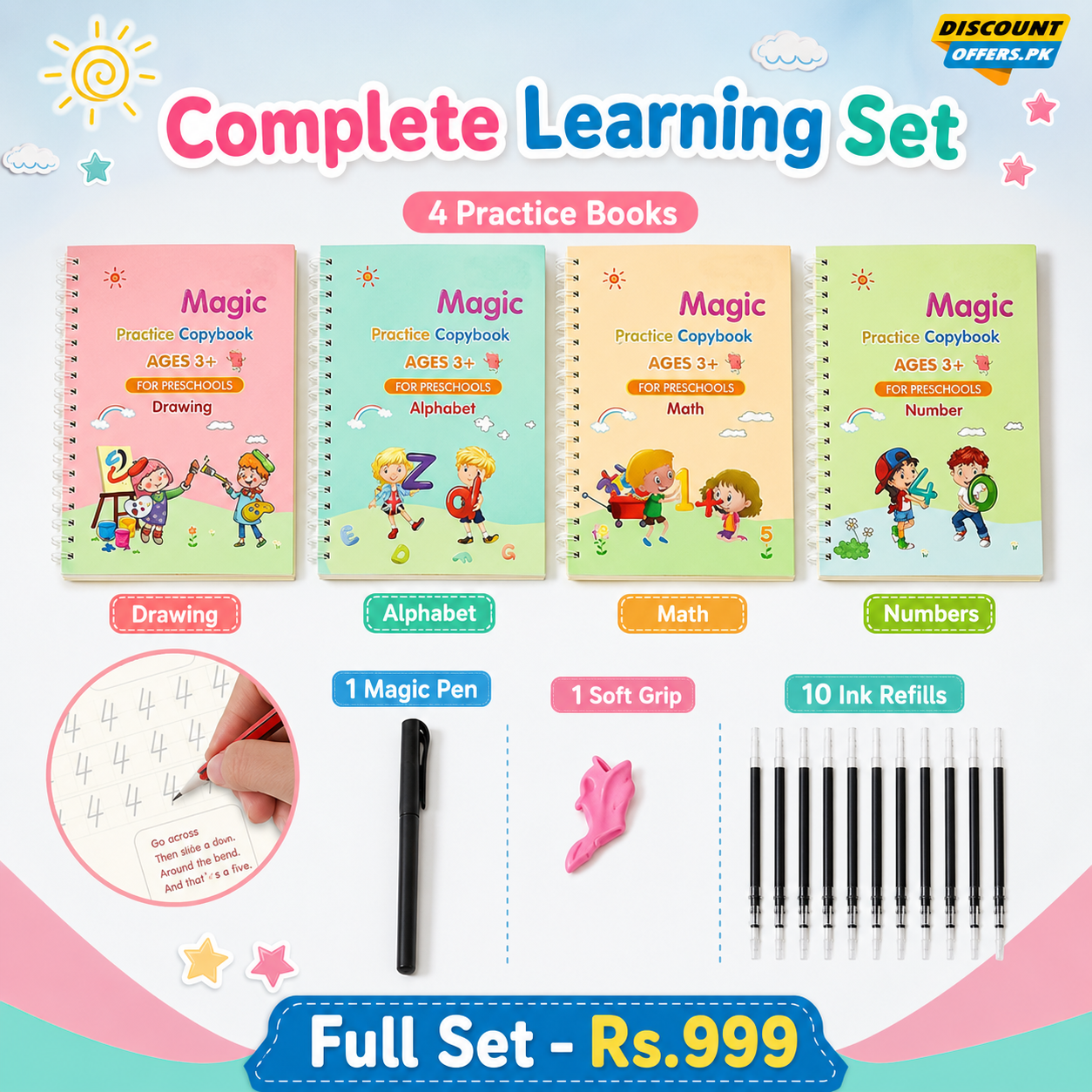 Kids Reusable Practice Book (4 Books + 1 Pen + 1 Grip & 10 Refills) Rs 999