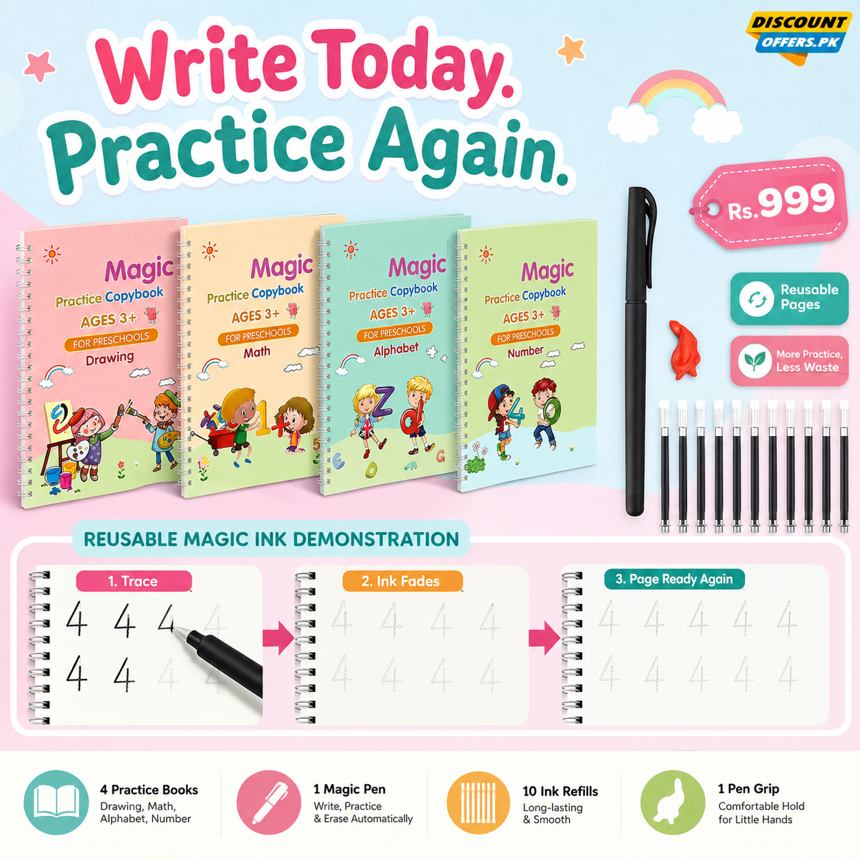 Kids Reusable Practice Book (4 Books + 1 Pen + 1 Grip & 10 Refills) Rs 999