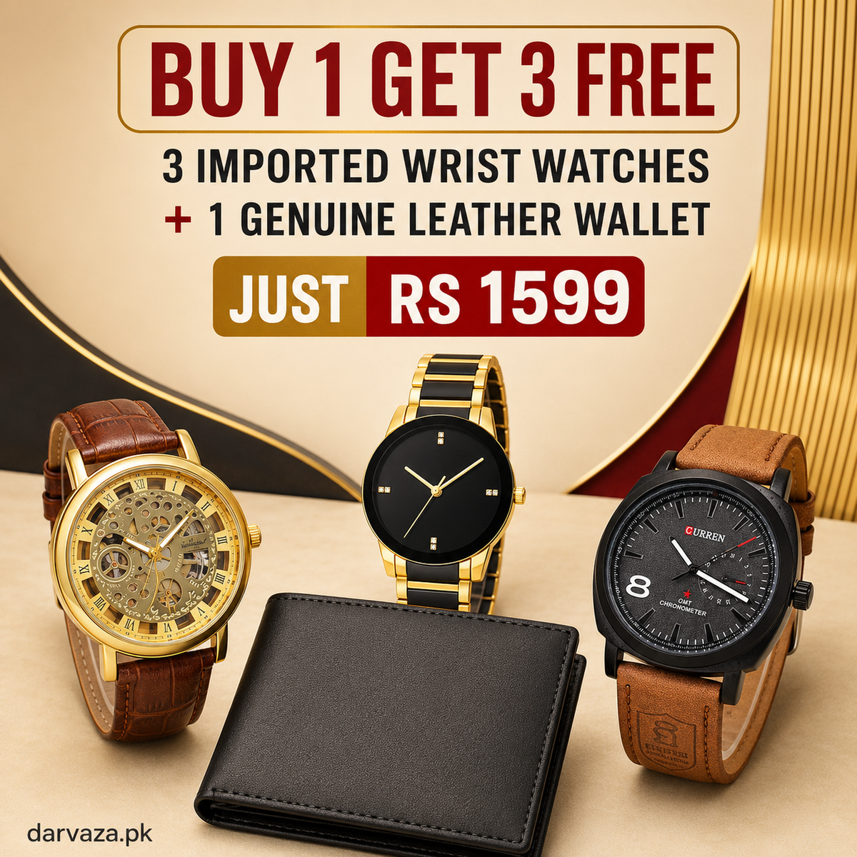 Buy 1 Get 3 Free Deal 3 Wrist Watches & 1 Original Leather Wallet Rs 1599