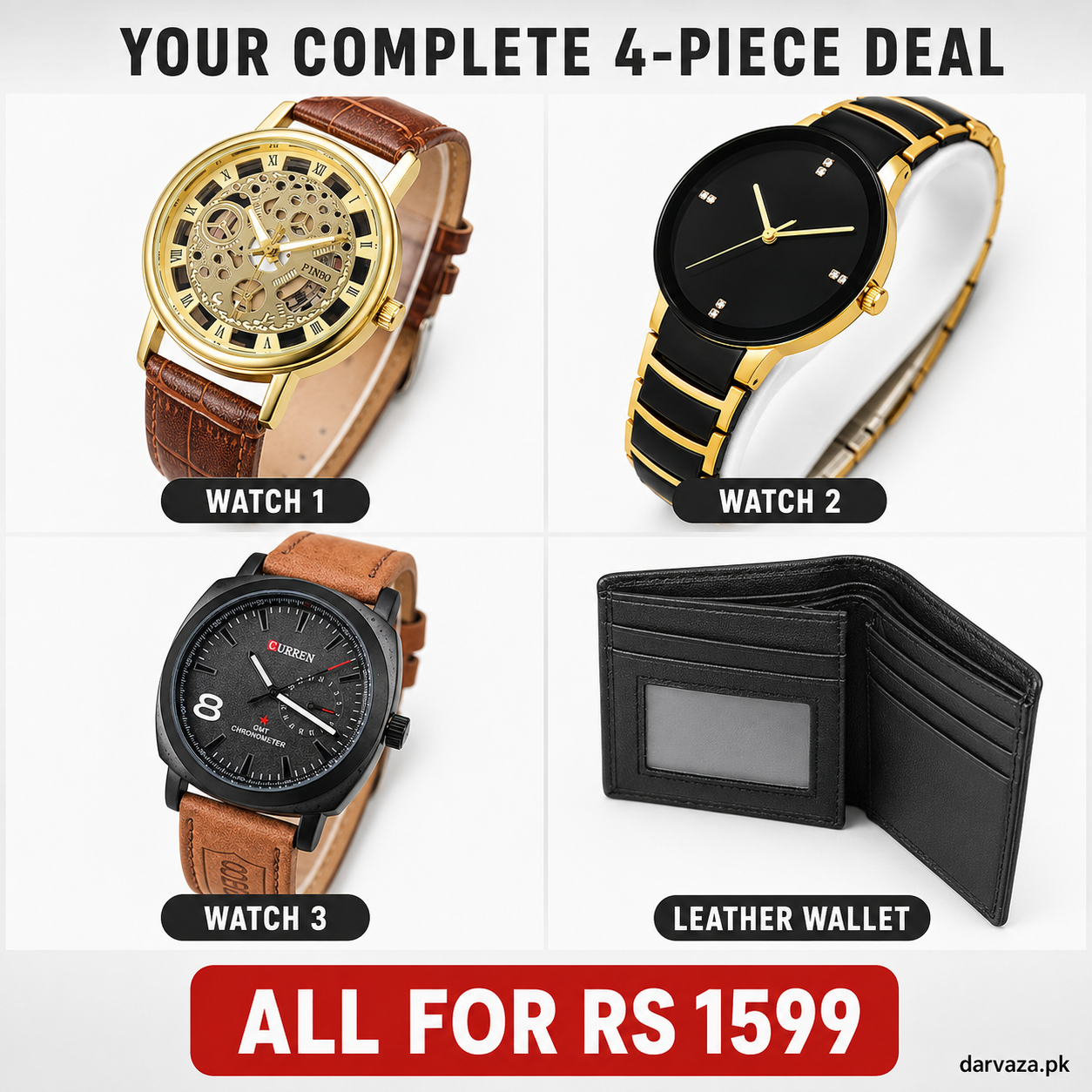 Buy 1 Get 3 Free Deal 3 Wrist Watches & 1 Original Leather Wallet