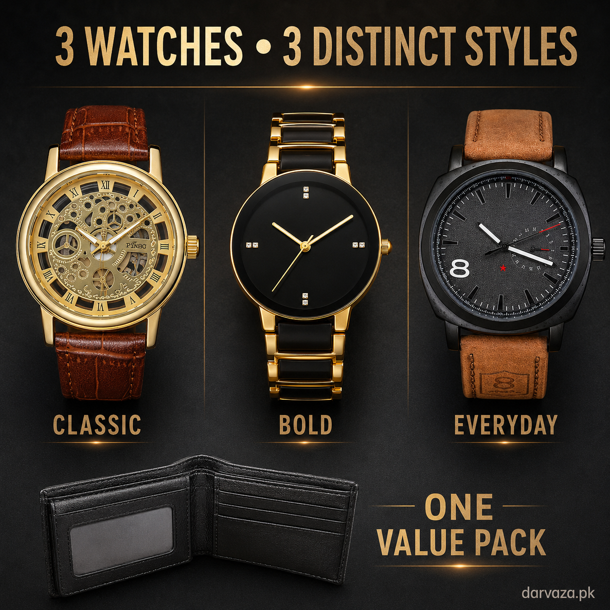Buy 1 Get 3 Free Deal 3 Wrist Watches & 1 Original Leather Wallet