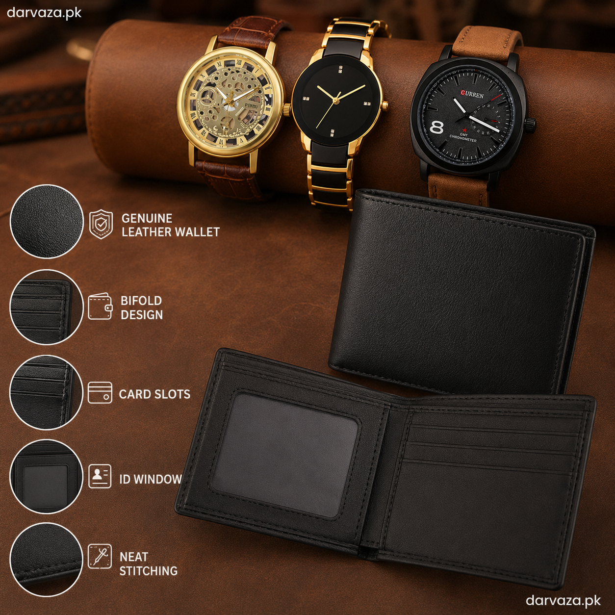 Buy 1 Get 3 Free Deal 3 Wrist Watches & 1 Original Leather Wallet