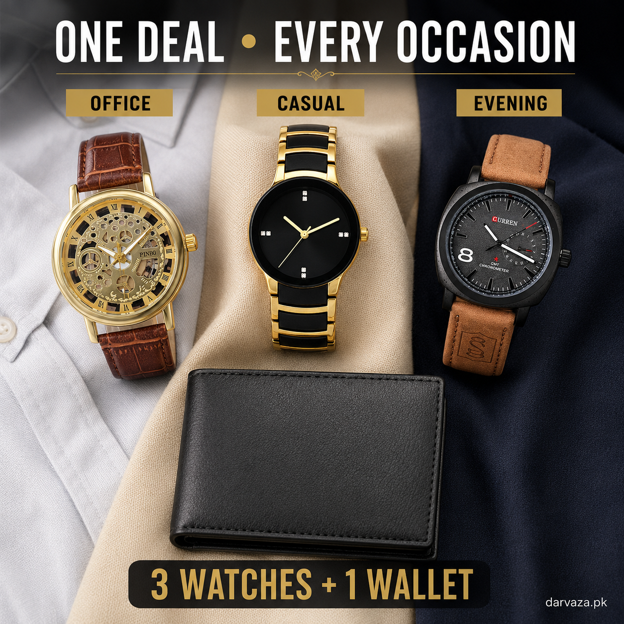 Buy 1 Get 3 Free Deal 3 Wrist Watches & 1 Original Leather Wallet