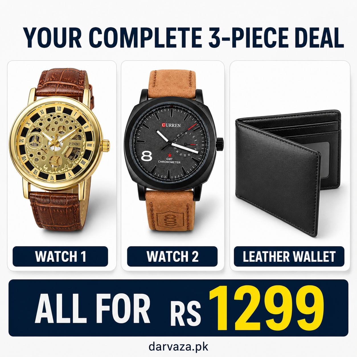 Buy 1 Get 2 Free Deal 2 Imported Leather Strap Wrist Watches & Original Leather Wallets For Men