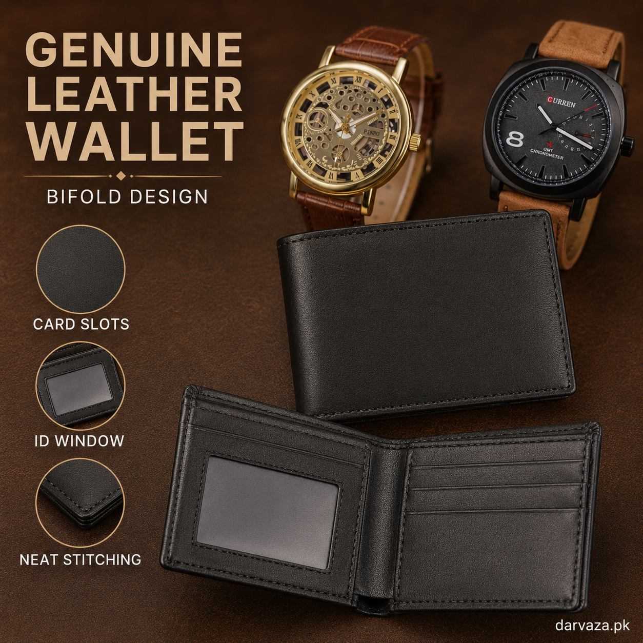 Buy 1 Get 2 Free Deal 2 Imported Leather Strap Wrist Watches & Original Leather Wallets For Men