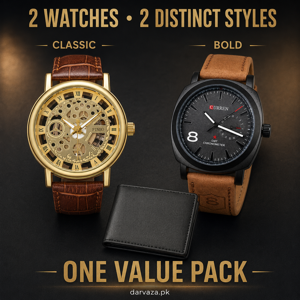 Buy 1 Get 2 Free Deal 2 Imported Leather Strap Wrist Watches & Original Leather Wallets For Men