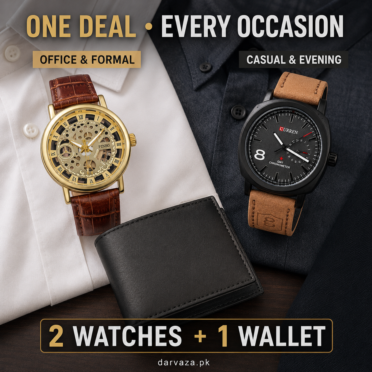 Buy 1 Get 2 Free Deal 2 Imported Leather Strap Wrist Watches & Original Leather Wallets For Men