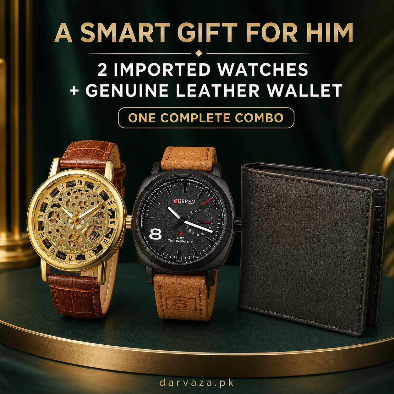 Buy 1 Get 2 Free Deal 2 Imported Leather Strap Wrist Watches & Original Leather Wallets For Men