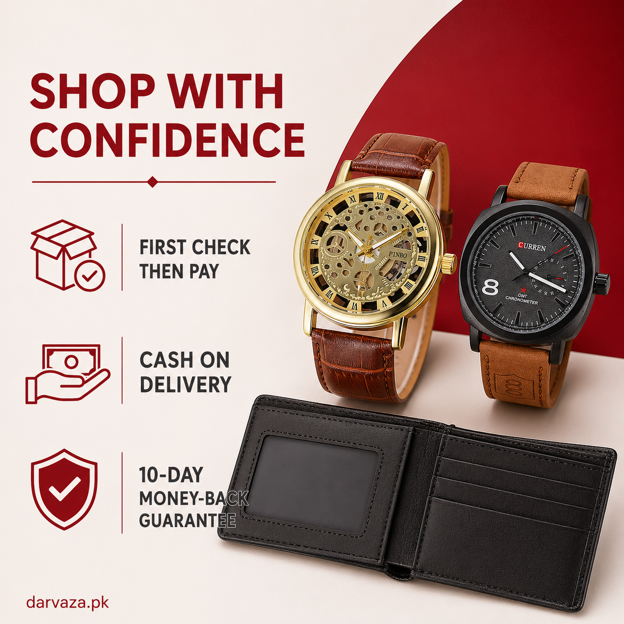 Buy 1 Get 2 Free Deal 2 Imported Leather Strap Wrist Watches & Original Leather Wallets For Men
