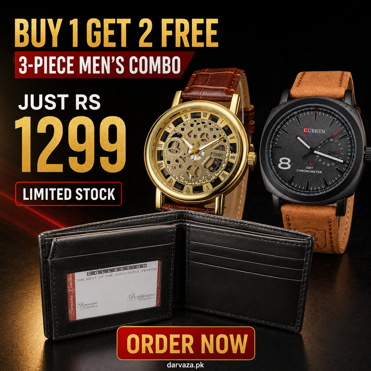 Buy 1 Get 2 Free Deal 2 Imported Leather Strap Wrist Watches & Original Leather Wallets For Men