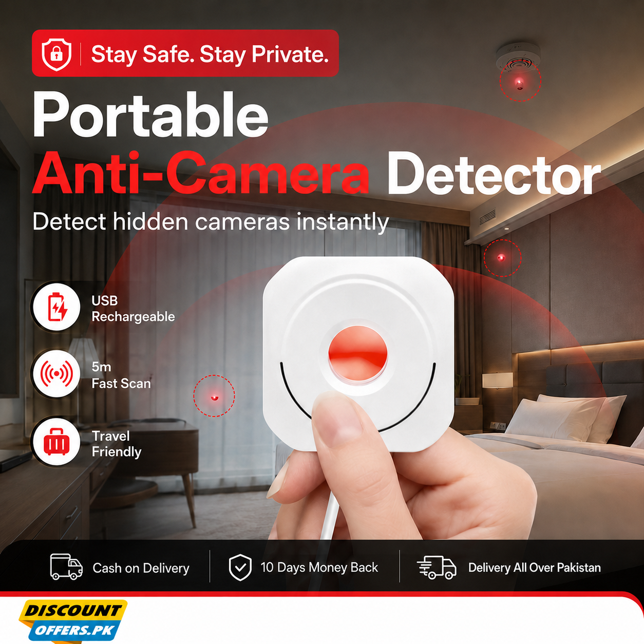 Portable Anti Camera Detector – USB Rechargeable Privacy Protection Device | Hidden Camera Finder for Hotels & Travel