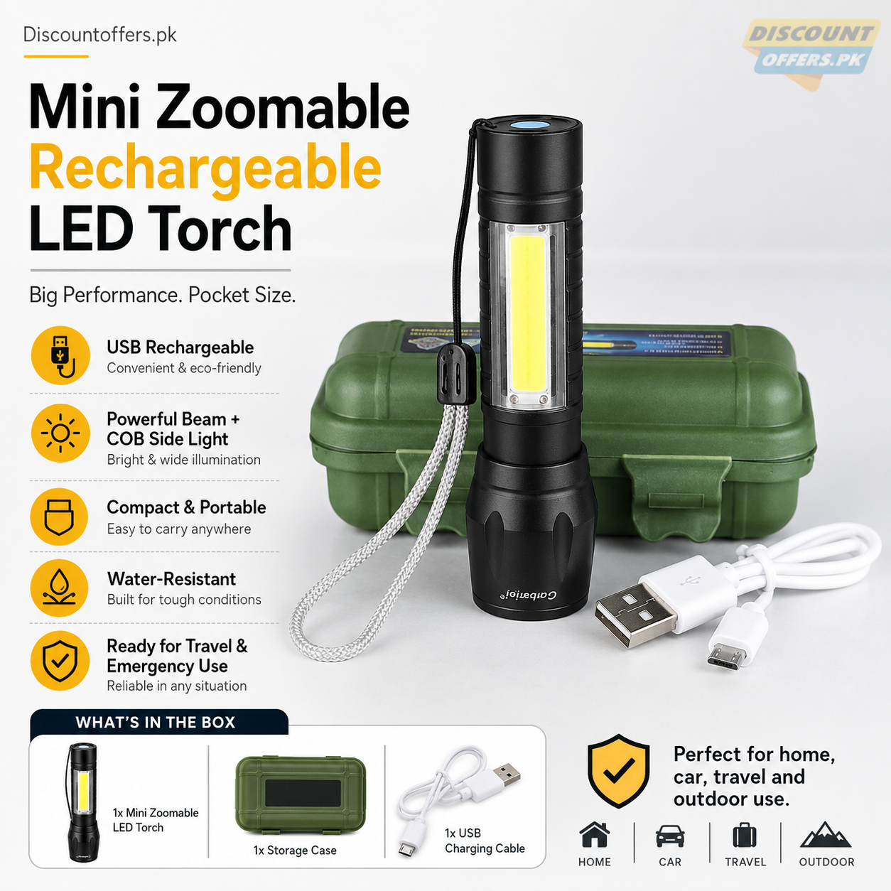 Mini Zoomable Rechargeable LED Torch light with Green Case