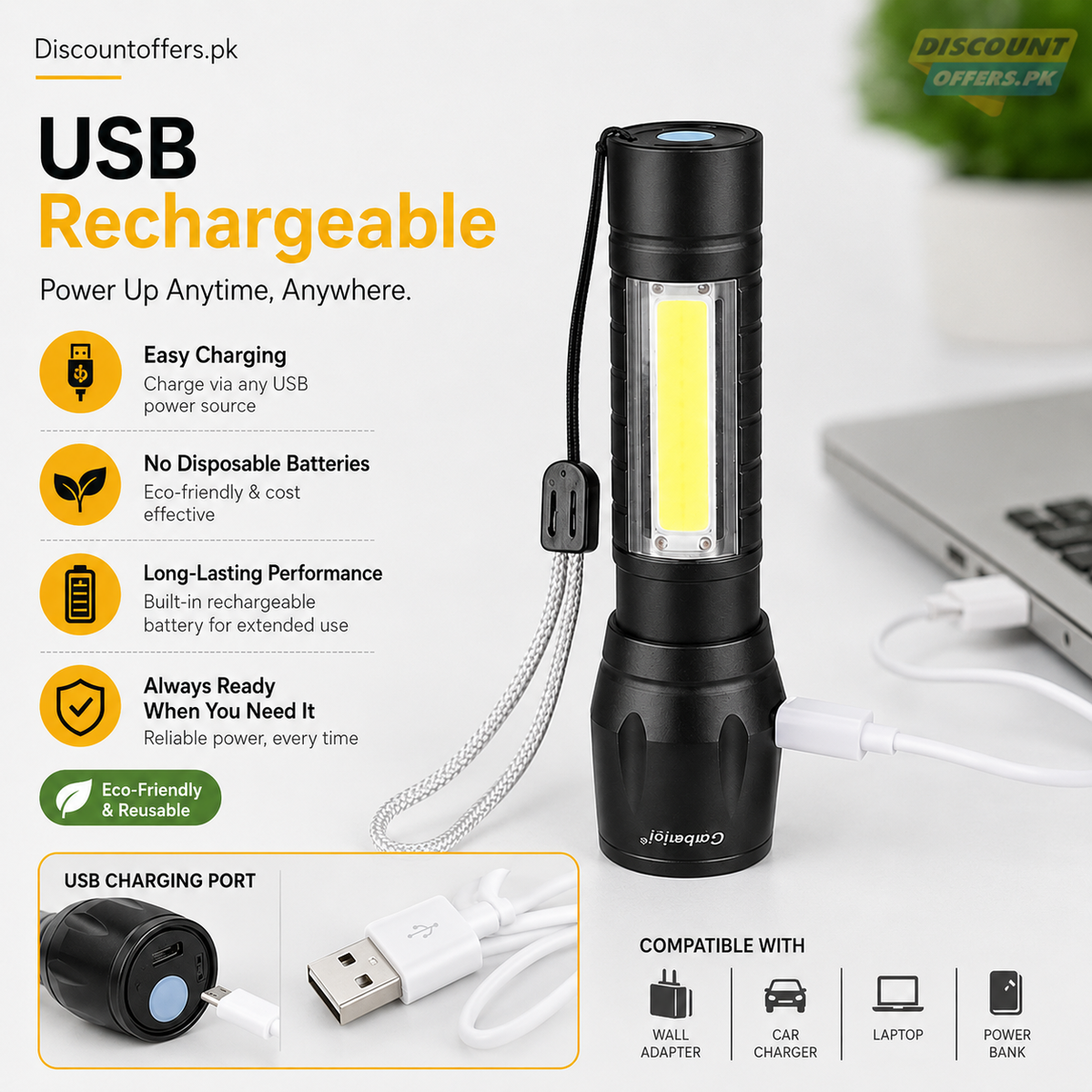 Mini Zoomable Rechargeable LED Torch light with Green Case