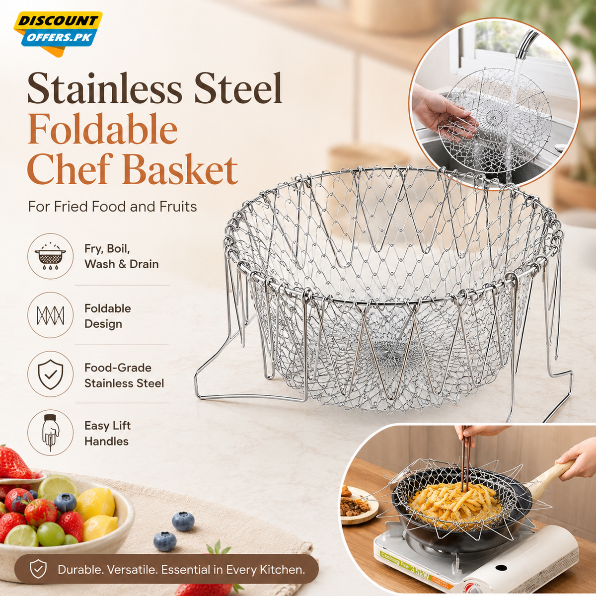 High-Quality Stainless Steel Foldable Chef Basket For Fried Food and Fruits