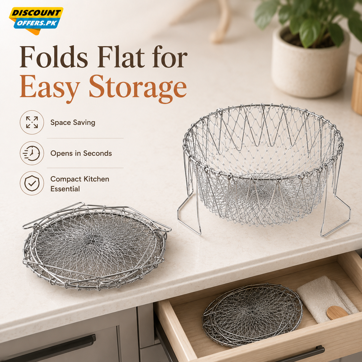High-Quality Stainless Steel Foldable Chef Basket For Fried Food and Fruits