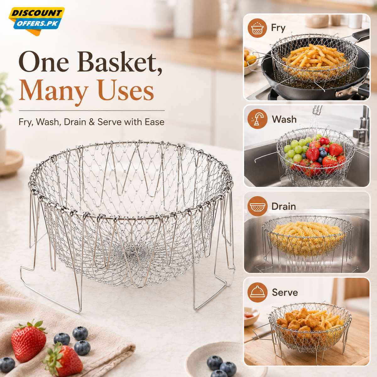 High-Quality Stainless Steel Foldable Chef Basket For Fried Food and Fruits