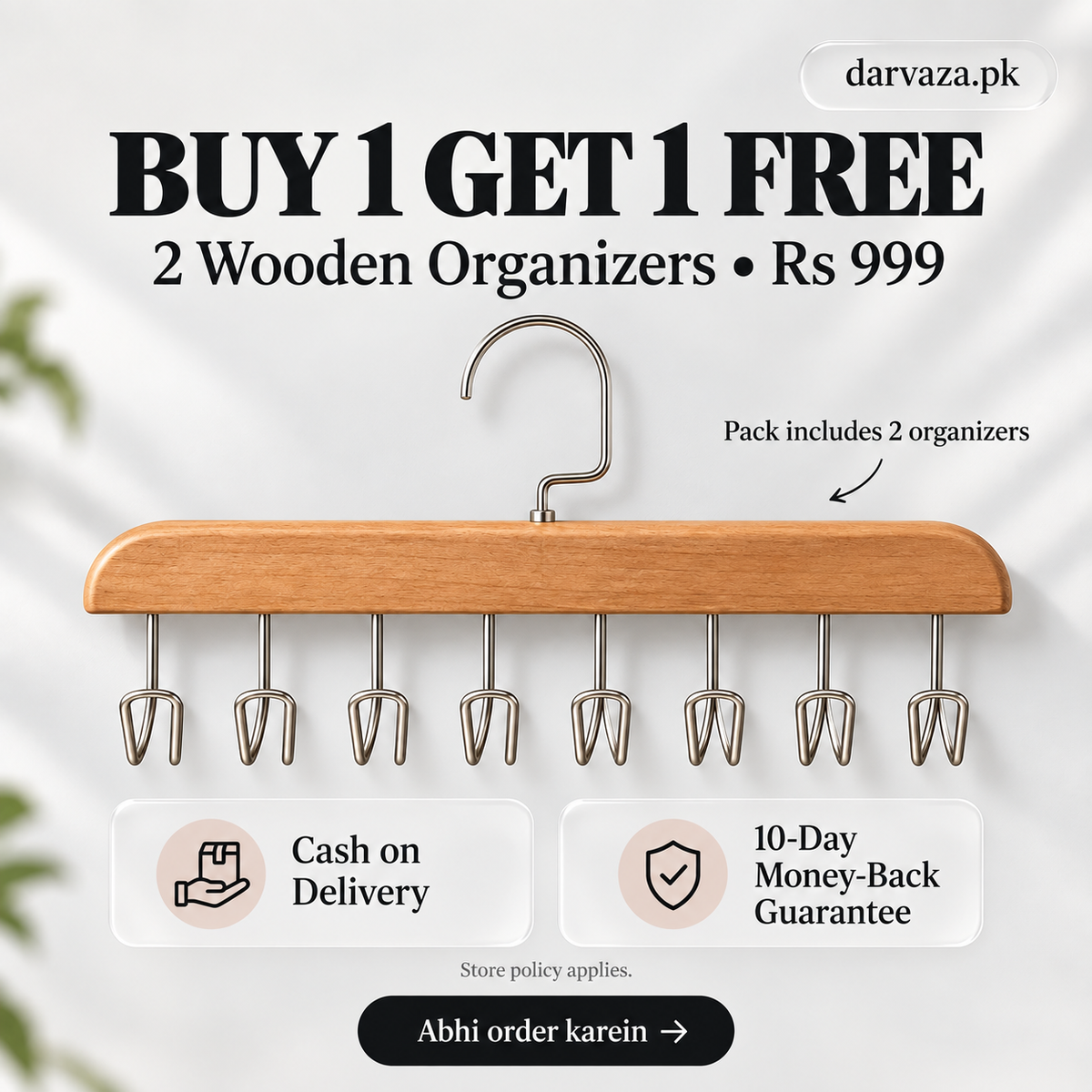 Buy 1 Get 1 Free Offer 2 Storage Wood Hanger 8 Hooks Organizer