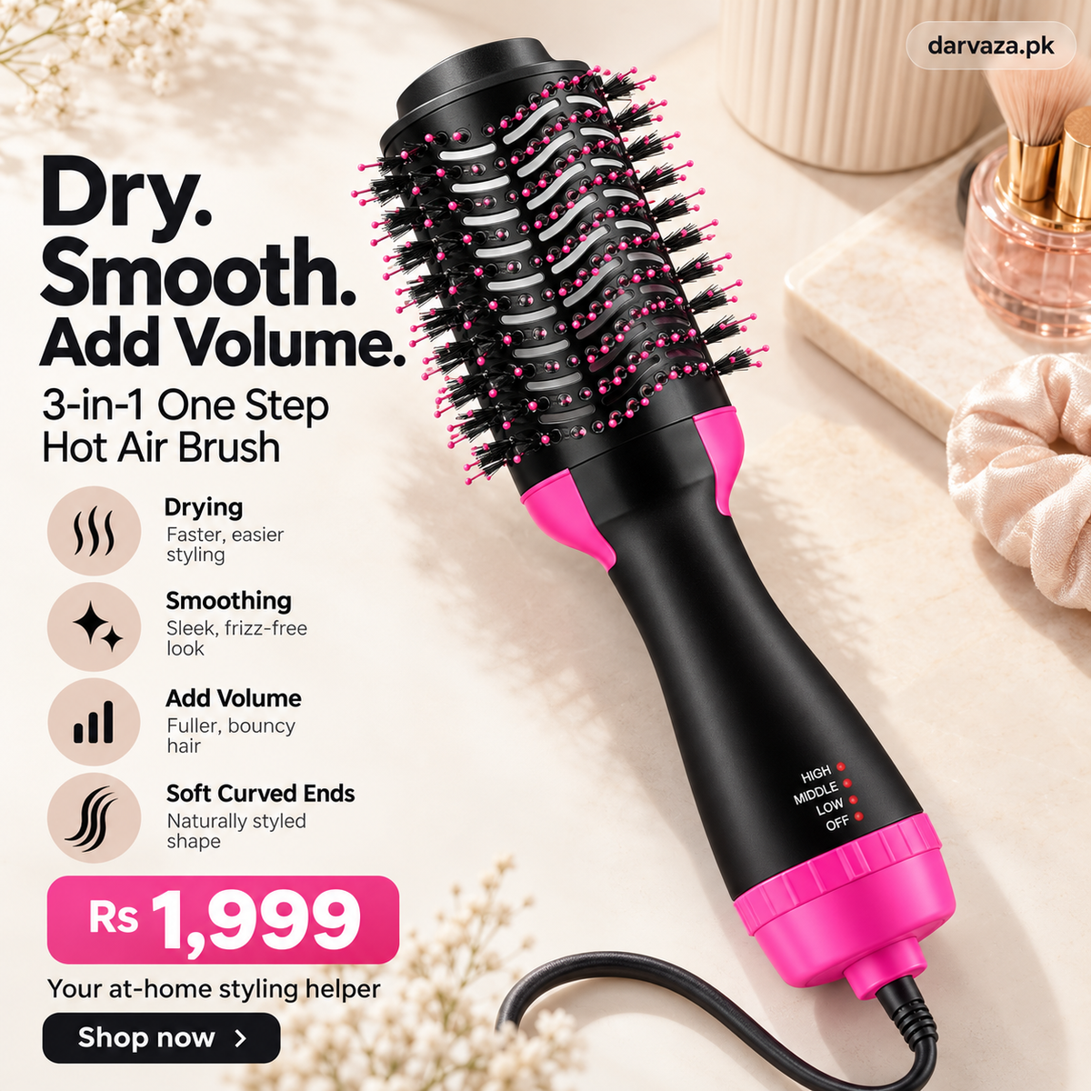 3-in-1 One Step Hot Air Straightener Brush & Hair Dryer