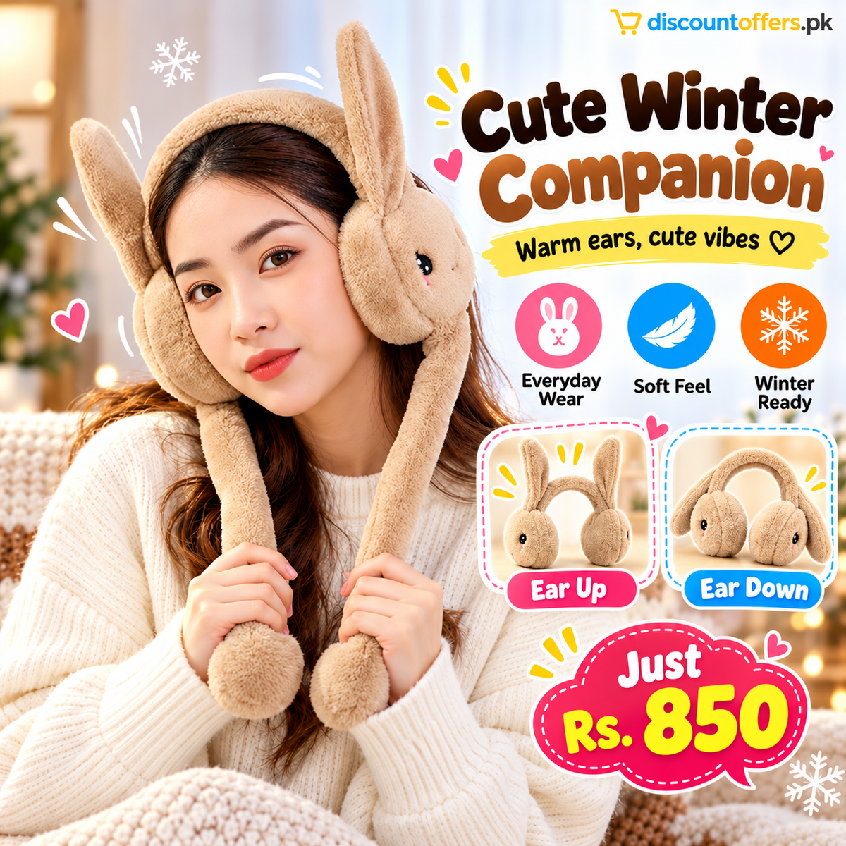 Cute Bunny Plush Ear Muffs Warm & Fluffy Rabbit Ear Covers