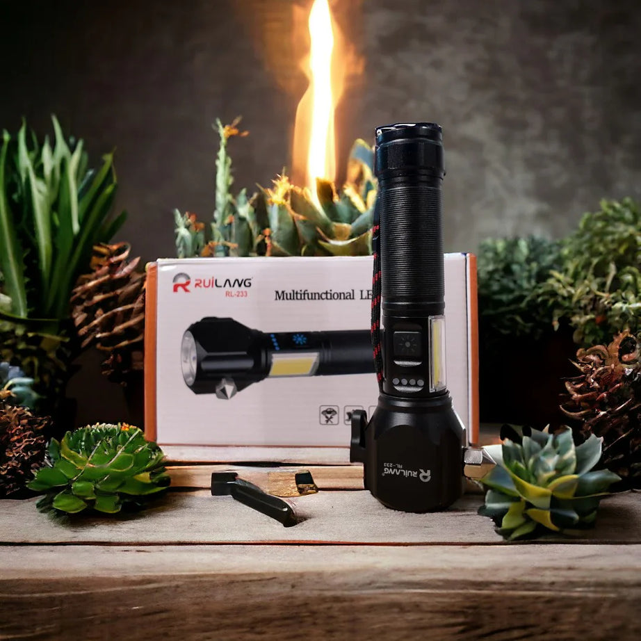 Ruilang Torch RL233 Metal LED FlashLight with Cutter Hammer and Mobile Power Bank