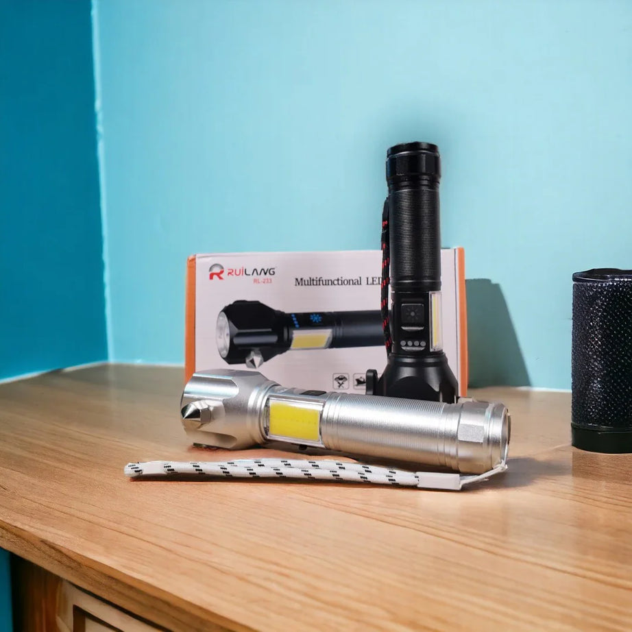 Ruilang Torch RL233 Metal LED FlashLight with Cutter Hammer and Mobile Power Bank